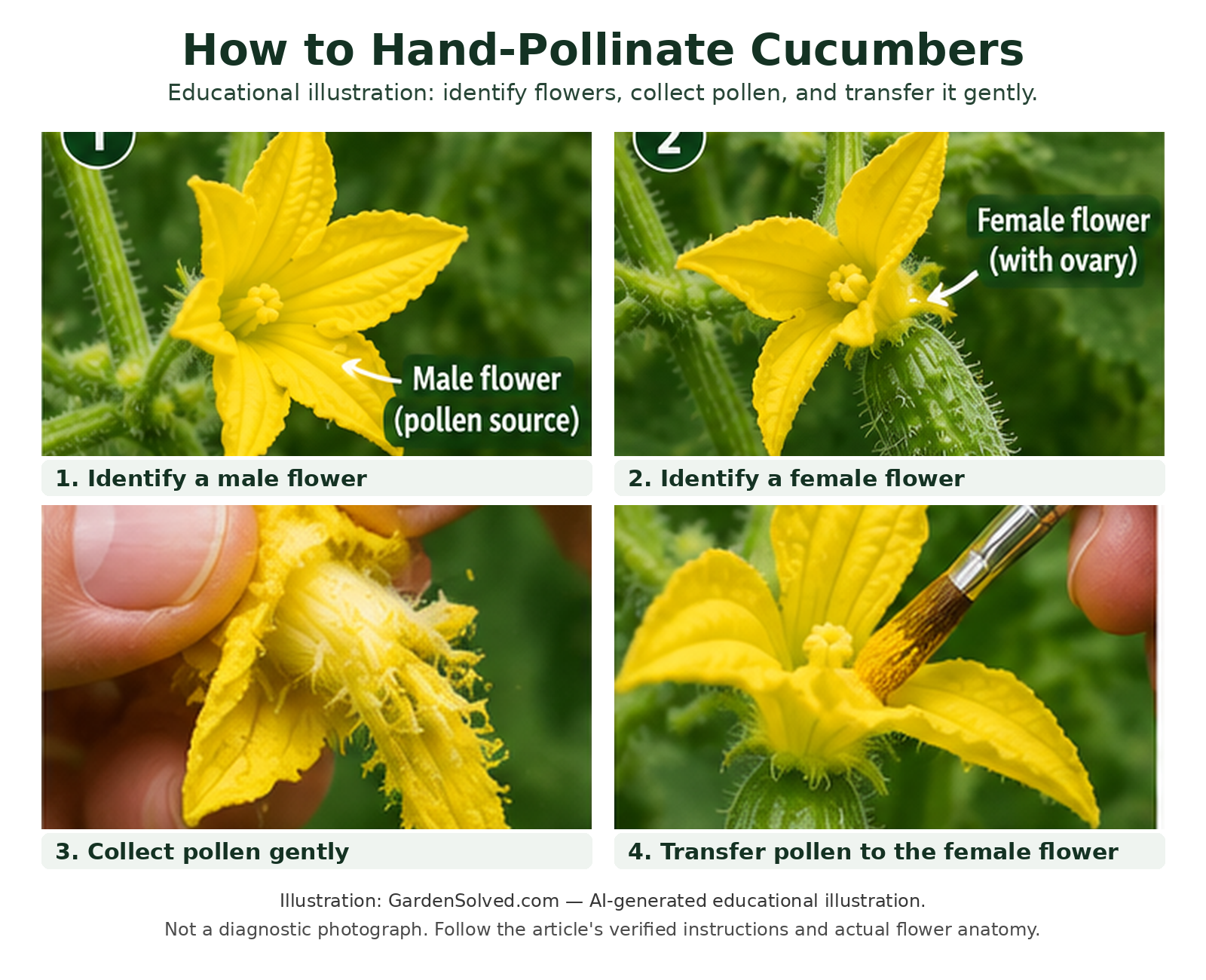 Educational illustration showing male and female cucumber flowers, pollen collection with a brush, and transfer to the female flower