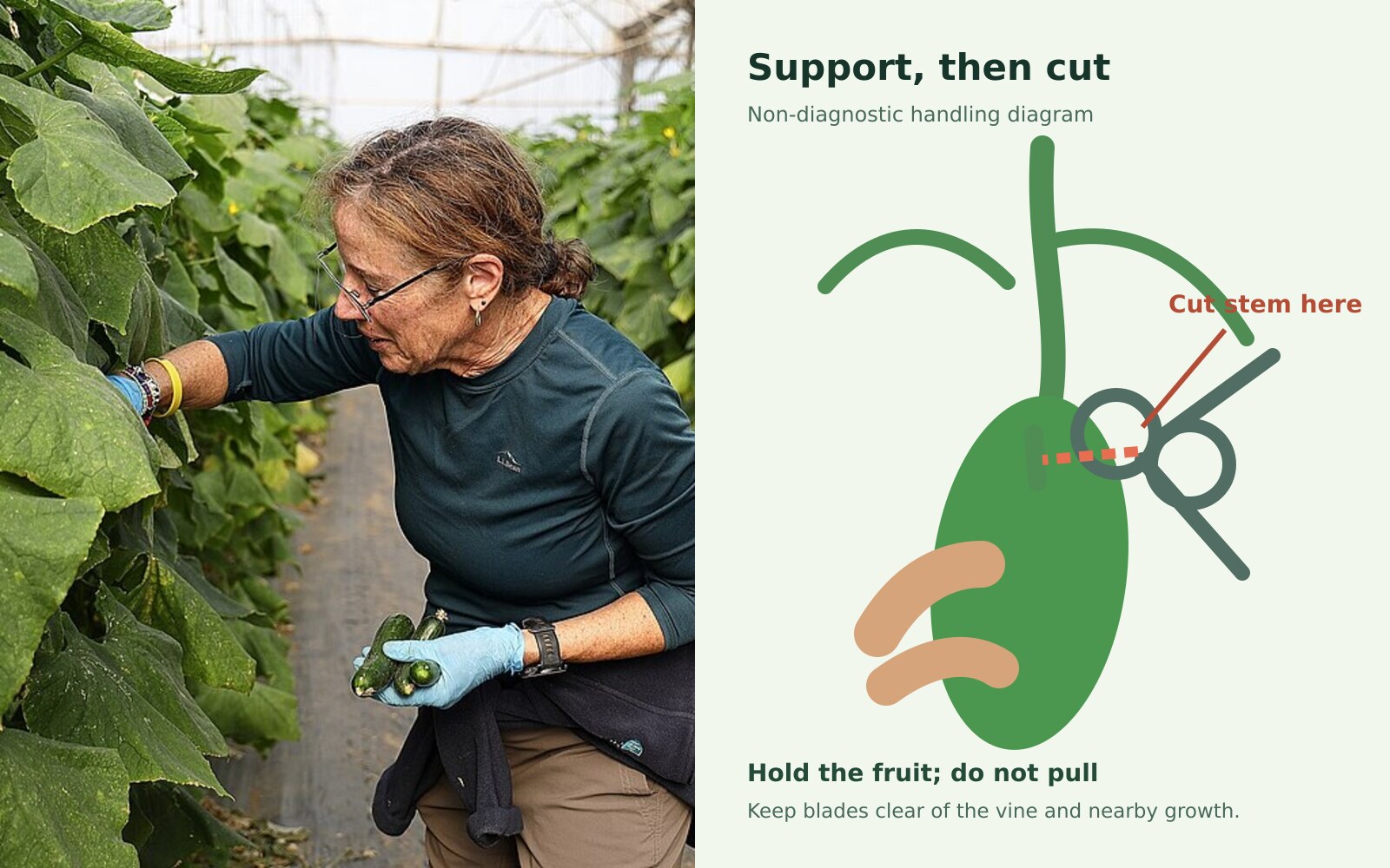 Real cucumber harvest in a greenhouse beside a labeled diagram showing the fruit supported while its stem is cut