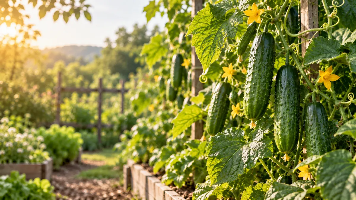 Photorealistic cucumbers hanging from a healthy trellised vine with yellow flowers in warm natural light