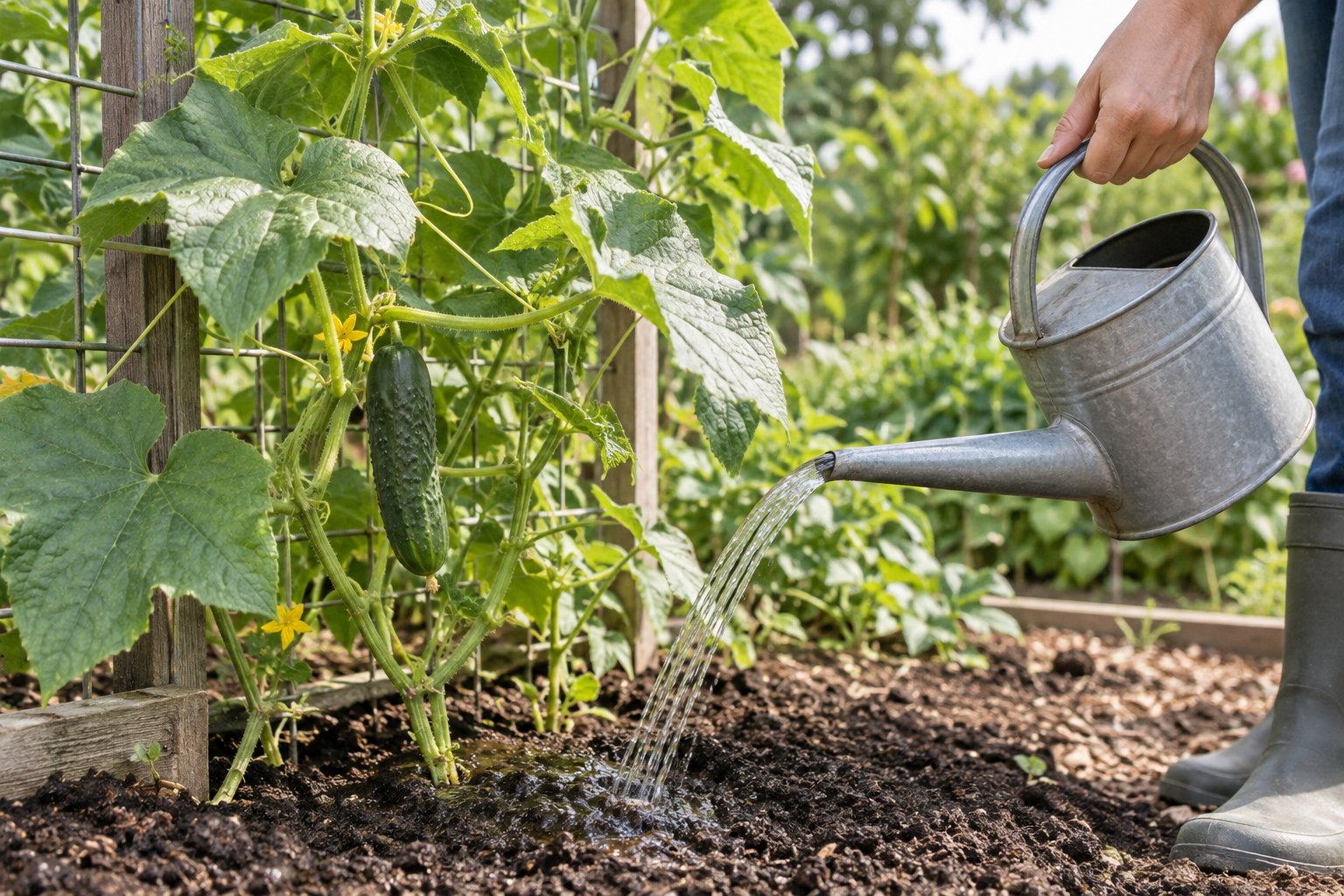 Illustration of a cucumber vine being watered at the soil around its root zone