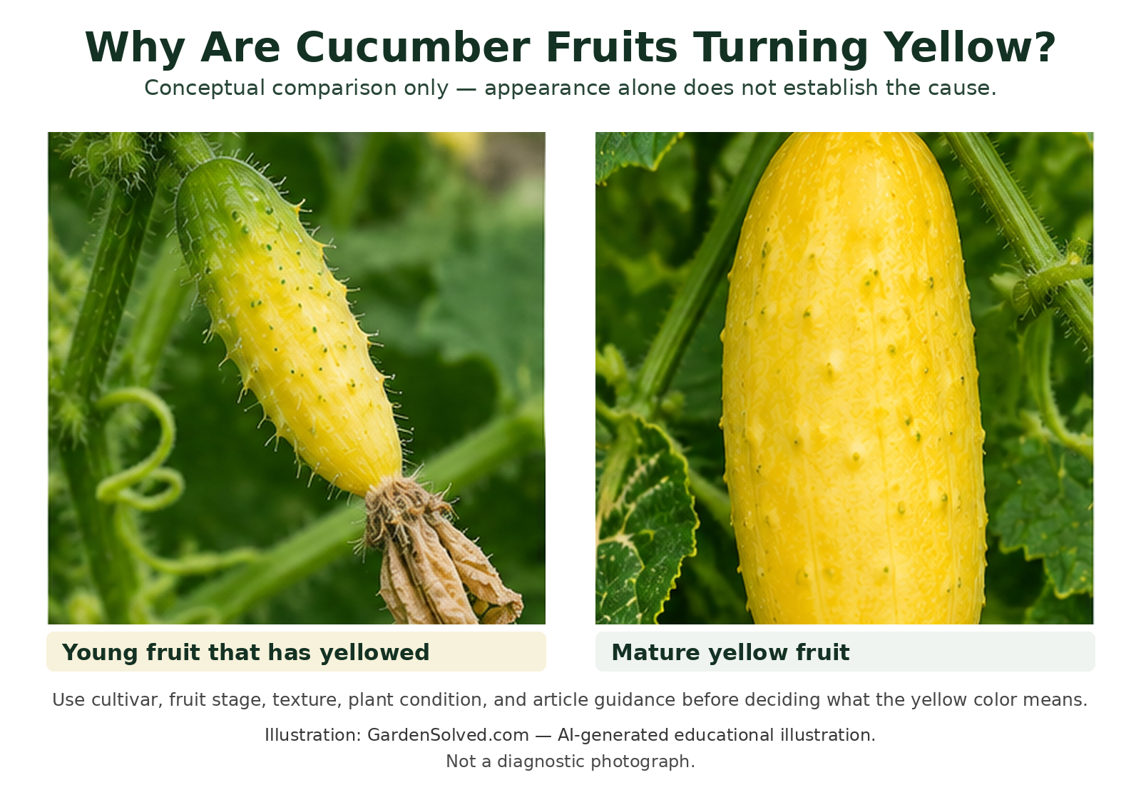 Educational illustration comparing a smaller yellowing young cucumber fruit with a larger mature yellow cucumber fruit
