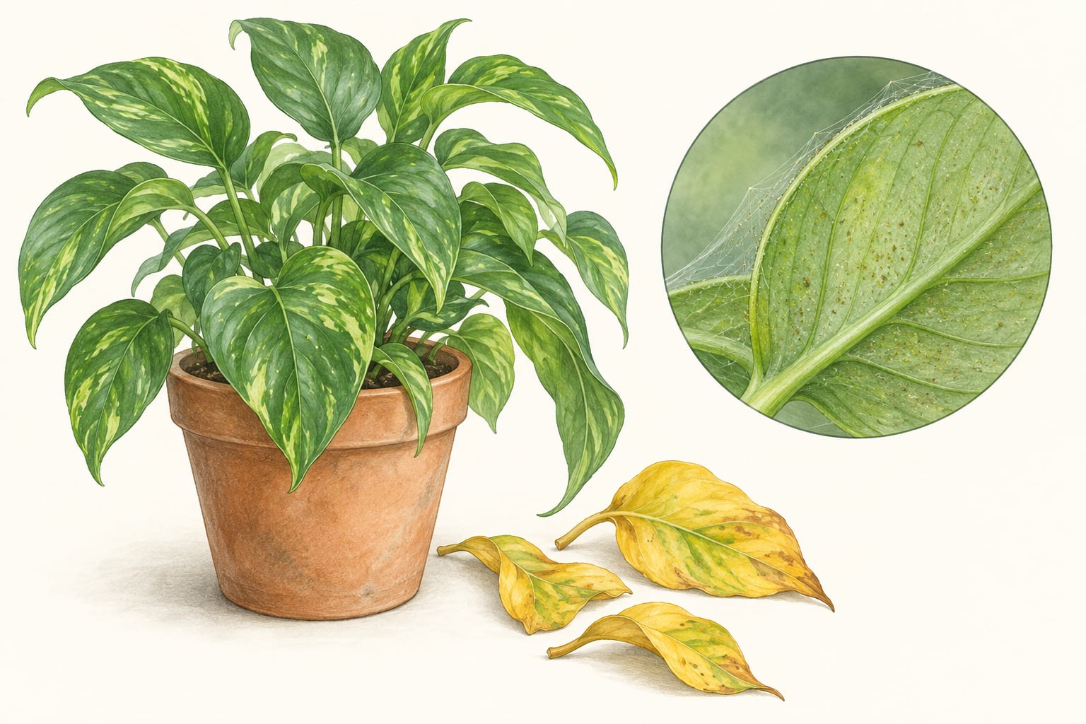 AI-generated illustration of a potted houseplant with fallen older leaves and a stippled leaf underside to inspect
