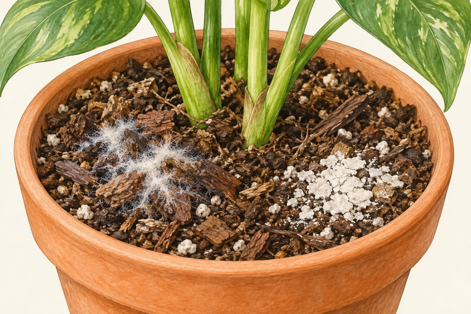 AI-generated illustration comparing fuzzy white soil-surface growth with flat chalky residue in a houseplant pot