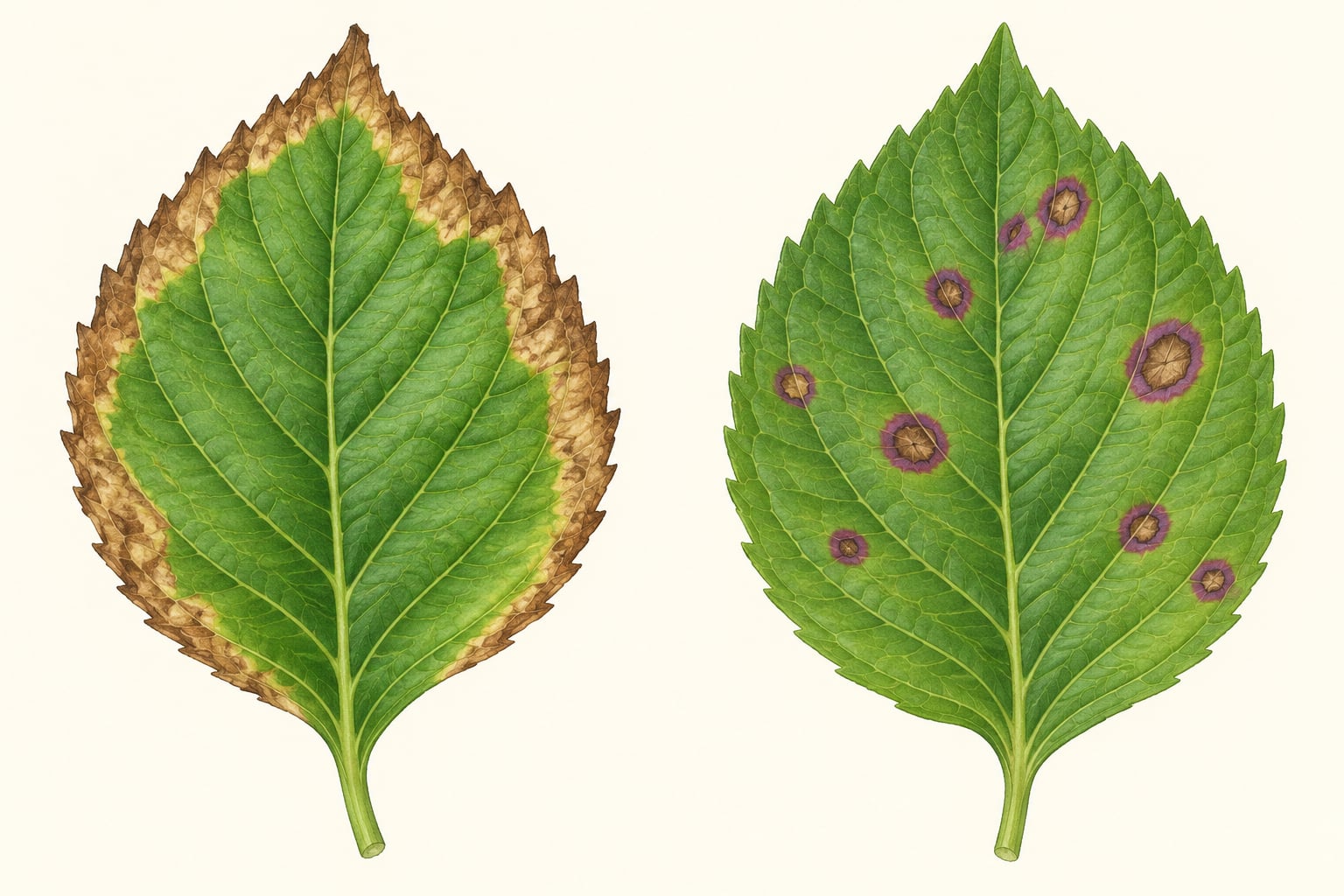AI-generated illustration of hydrangea leaves comparing crisp brown margins with separate internal spots