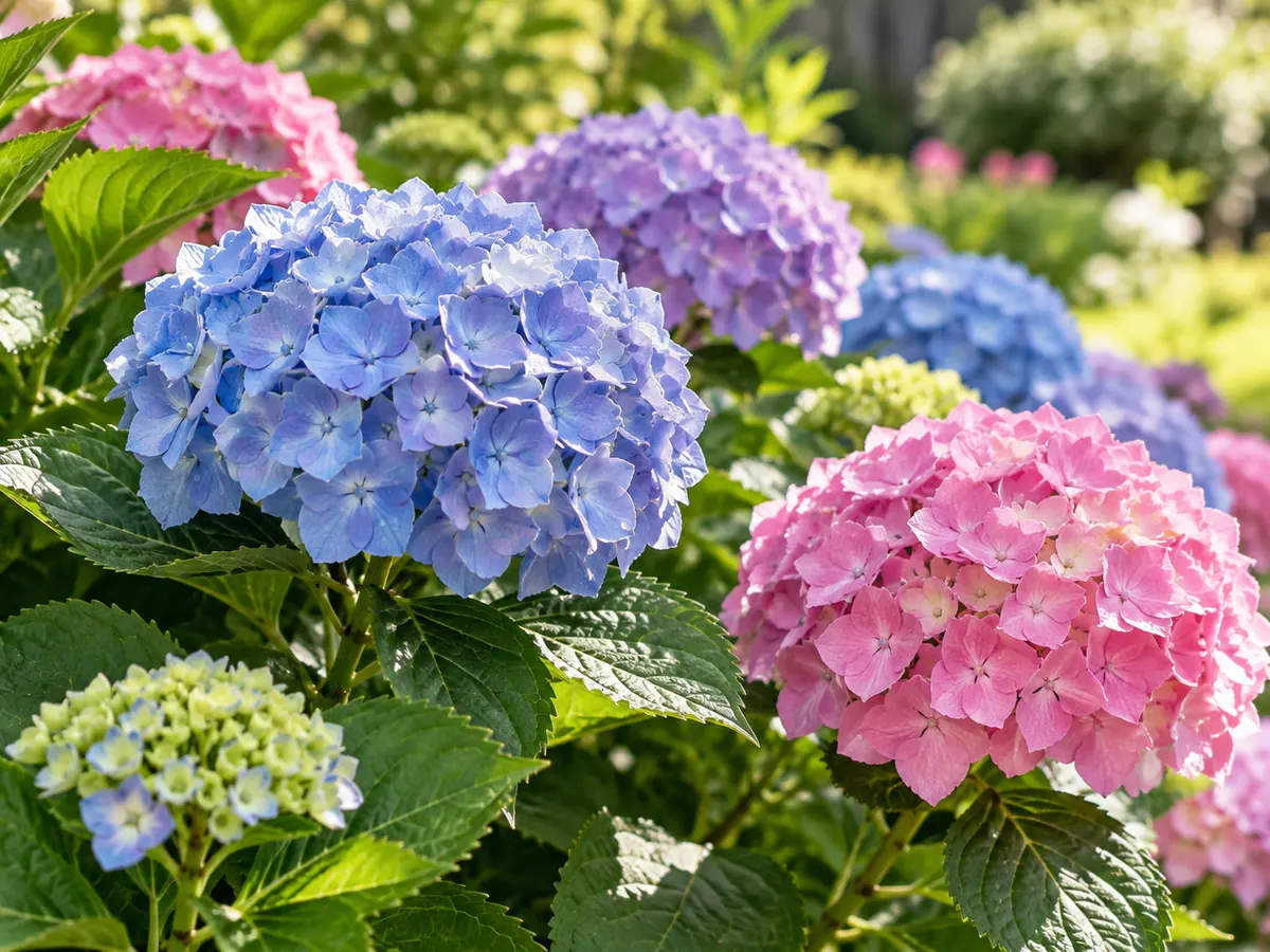 Blue, pink, and lavender hydrangea blooms in a sunlit garden