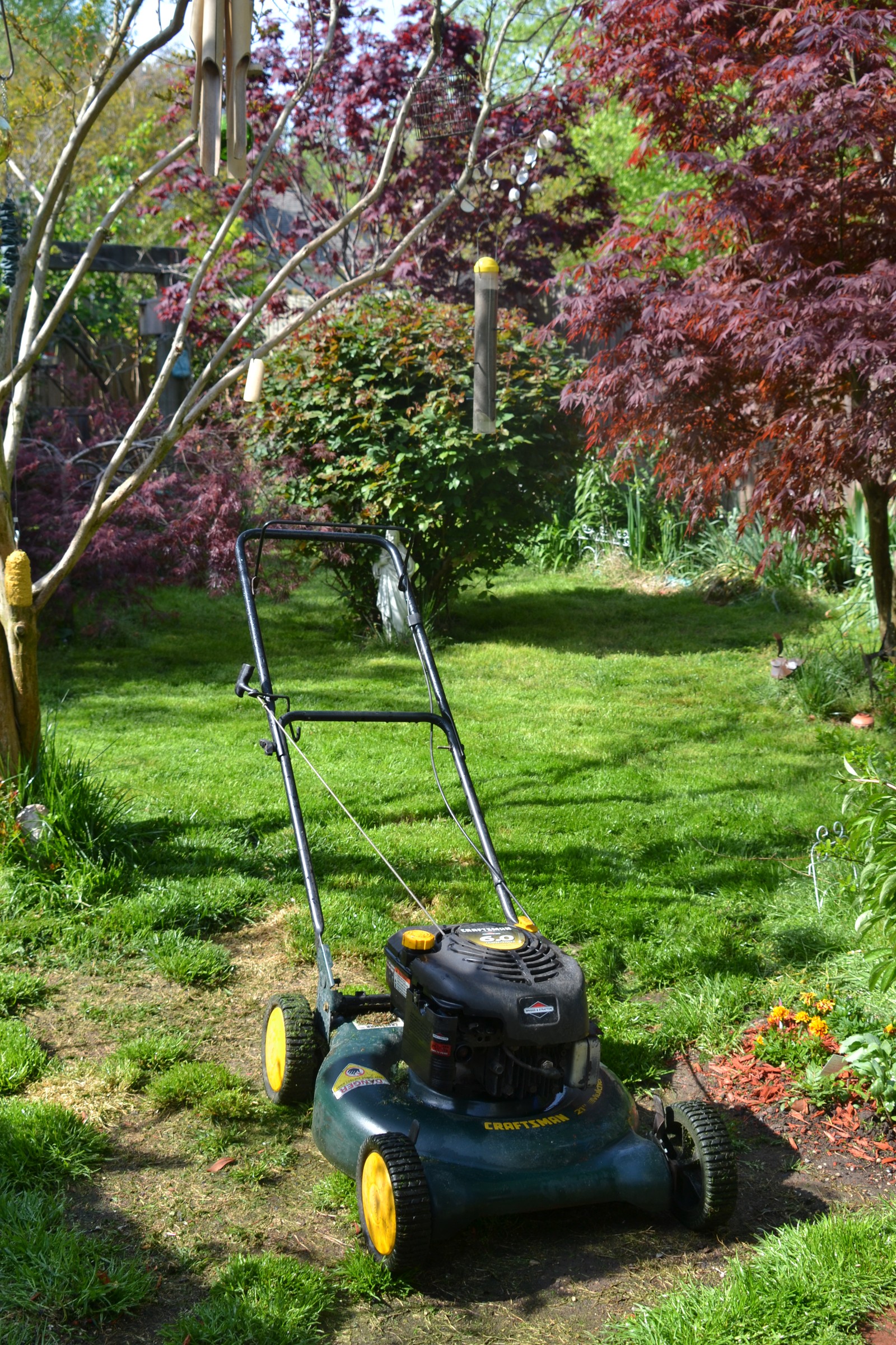 Lawn with irregular patches of exposed brown soil and sparse grass around a parked mower in the foreground