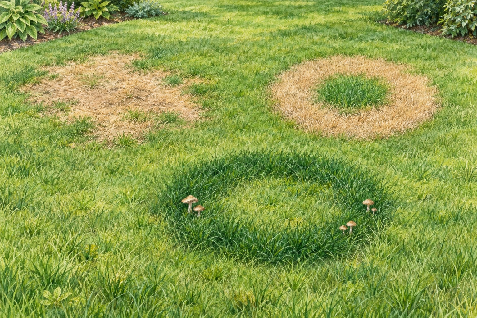 AI-generated educational illustration comparing lawn patch and ring patterns