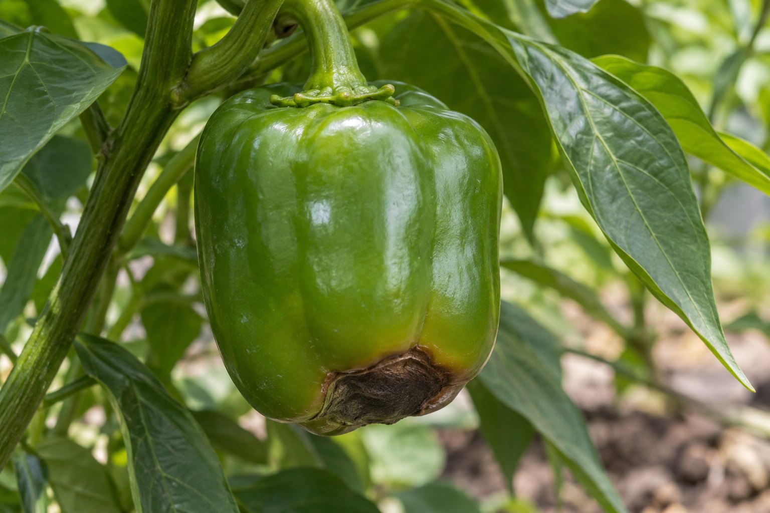 Illustration of a green bell pepper with a dark sunken lesion at the blossom end opposite its stalk