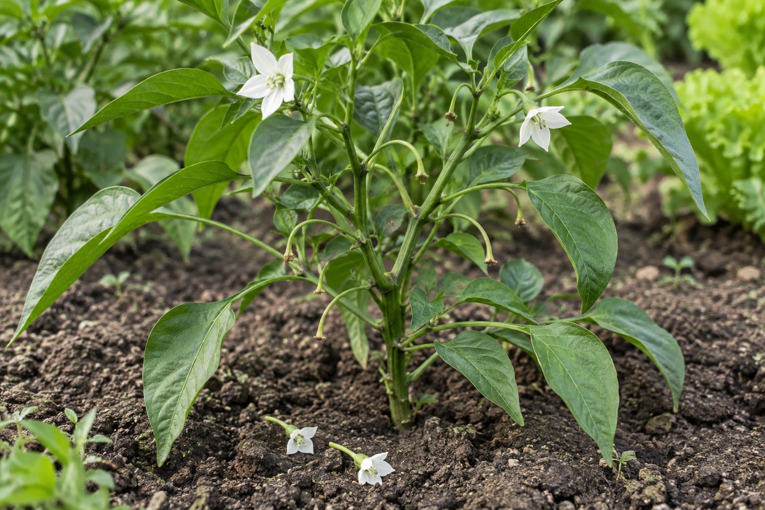Illustration of a pepper plant with white blossoms, empty flower stalks, and fallen flowers but no visible peppers