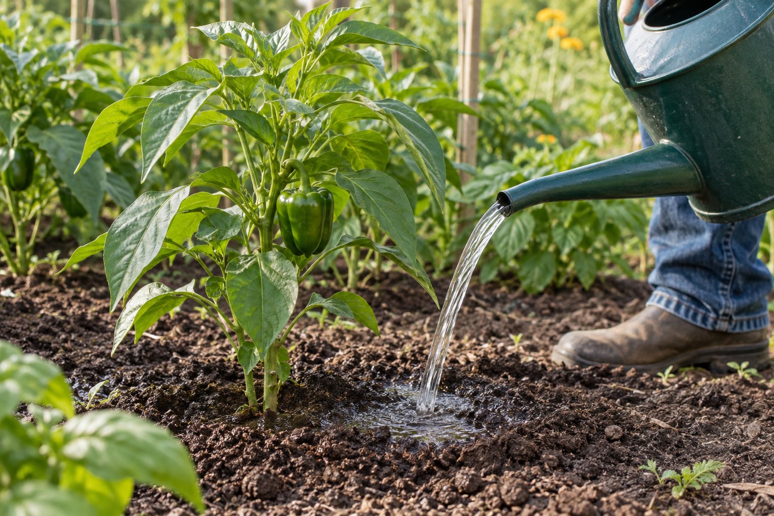 Illustration of water being applied to soil around a bell pepper plant while its leaves remain dry