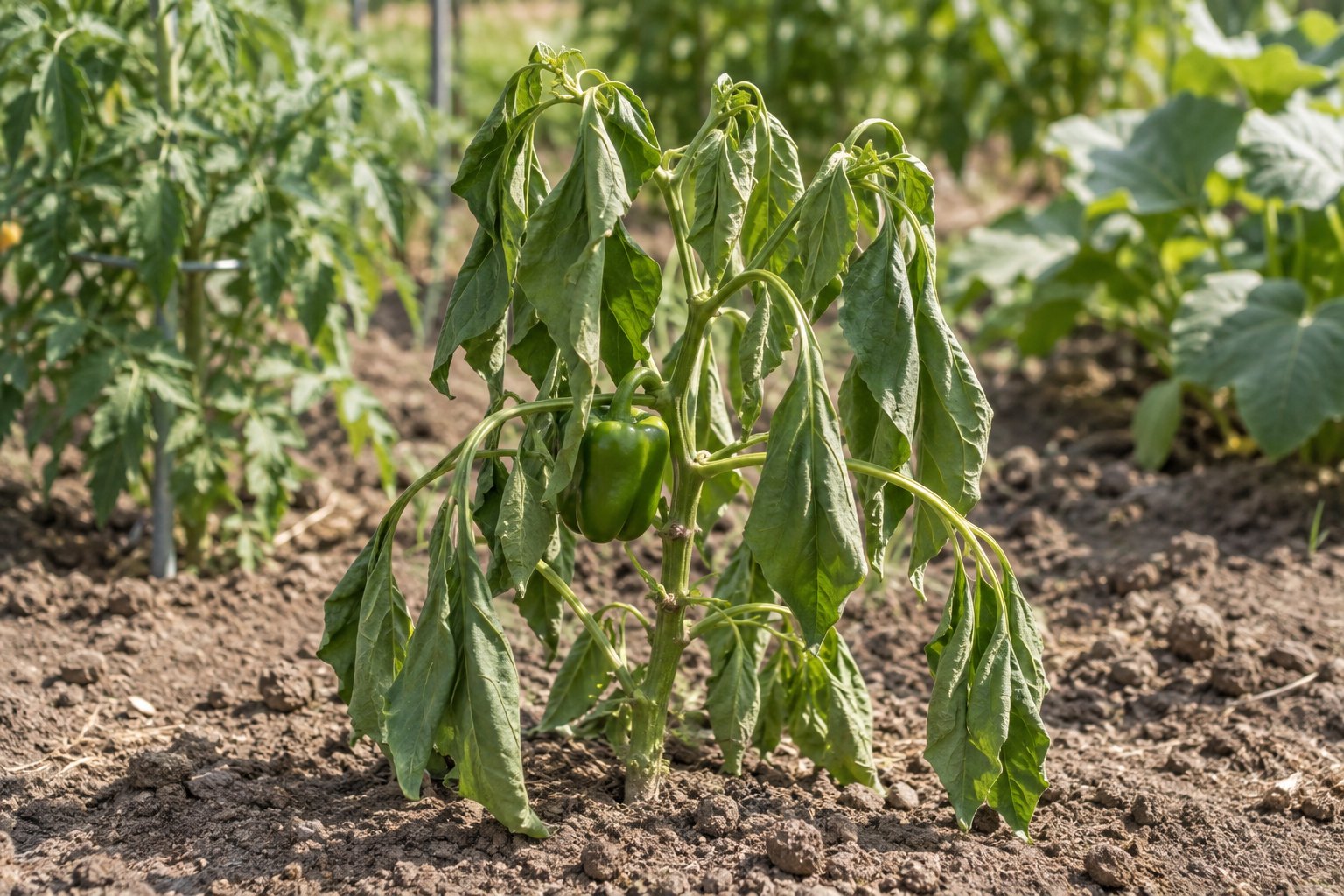 Illustration of a bell pepper plant with limp pointed leaves and drooping petioles