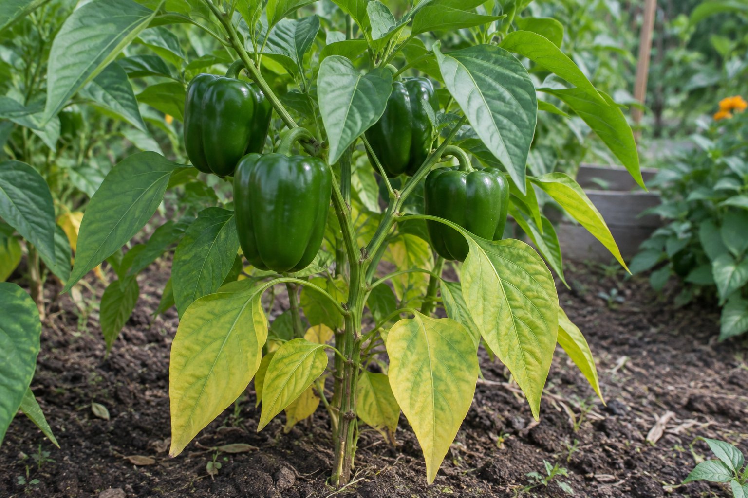 Illustration of a bell pepper plant with yellow lower leaves and green upper foliage