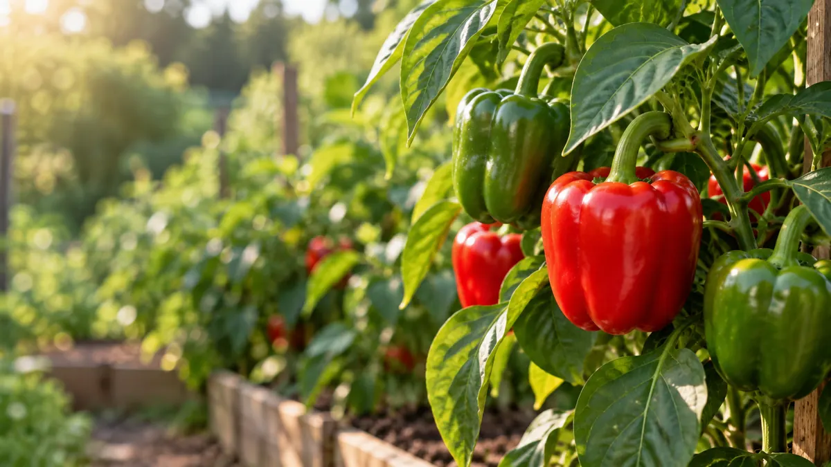 Photorealistic red and green bell peppers growing clearly on healthy pepper plants in warm natural light