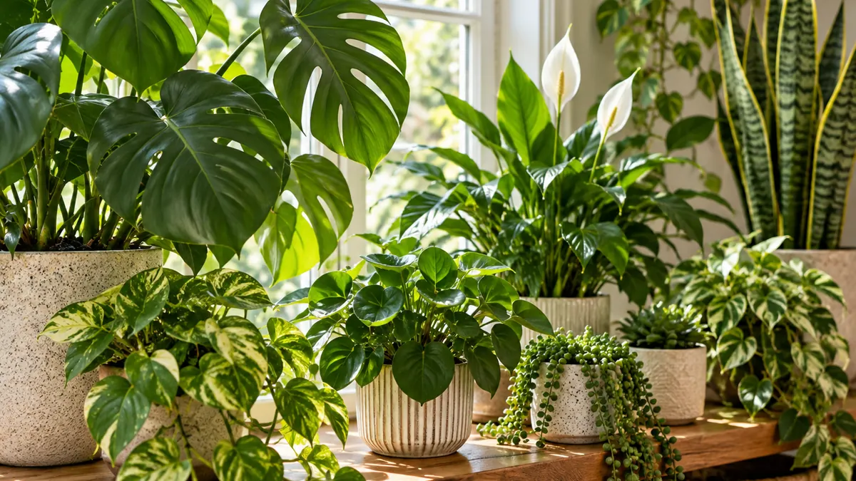 Photorealistic indoor collection of healthy green plants in warm natural window light