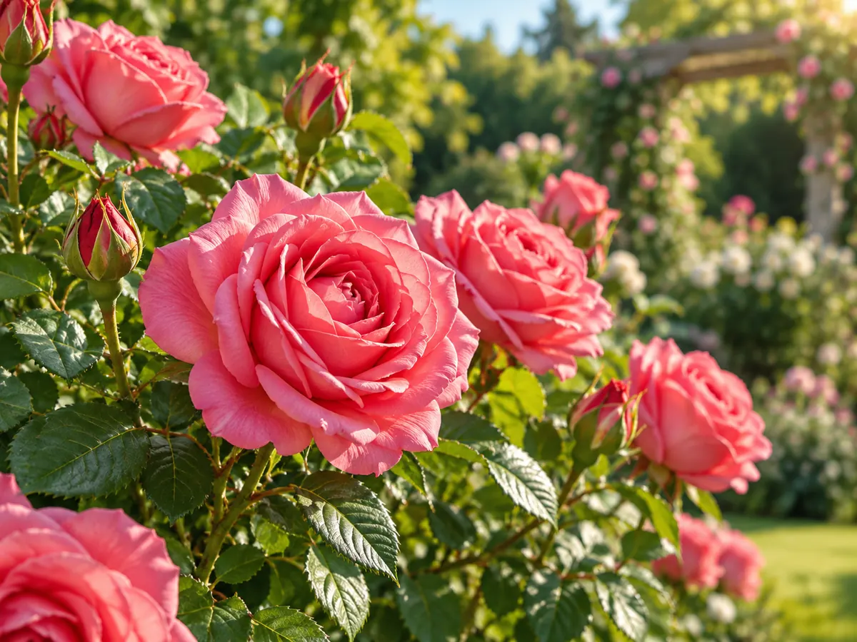 Pink garden roses blooming in warm natural light