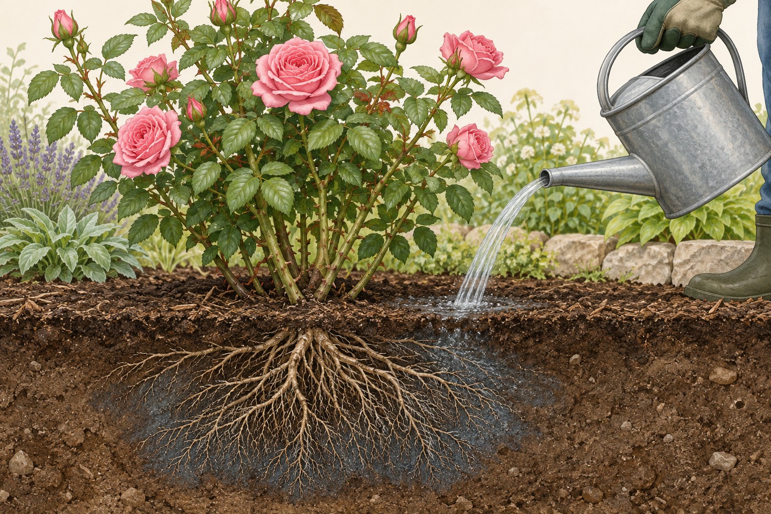 Illustration of soil-level rose watering and moisture reaching roots in a soil cutaway