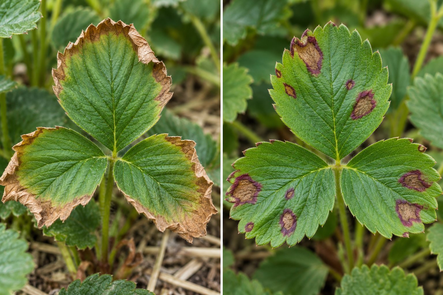 AI-generated illustration: Strawberry leaves with dry brown margins beside a leaf with separate brown lesions