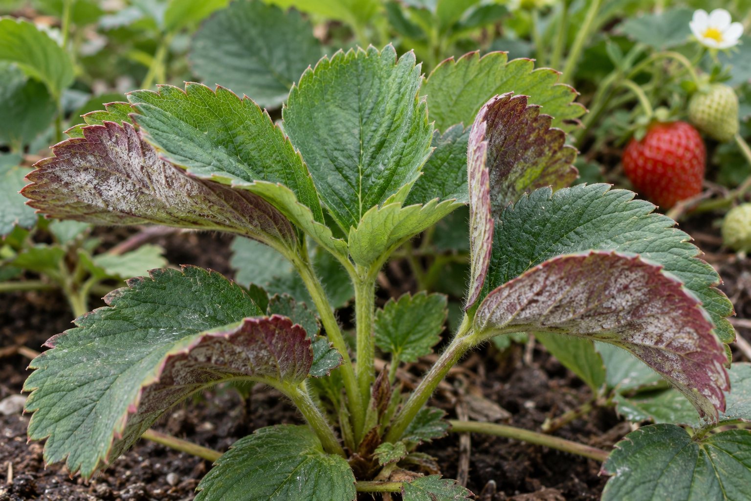 AI-generated illustration: Upward-curled strawberry leaves exposing pale powdery patches on reddish undersides