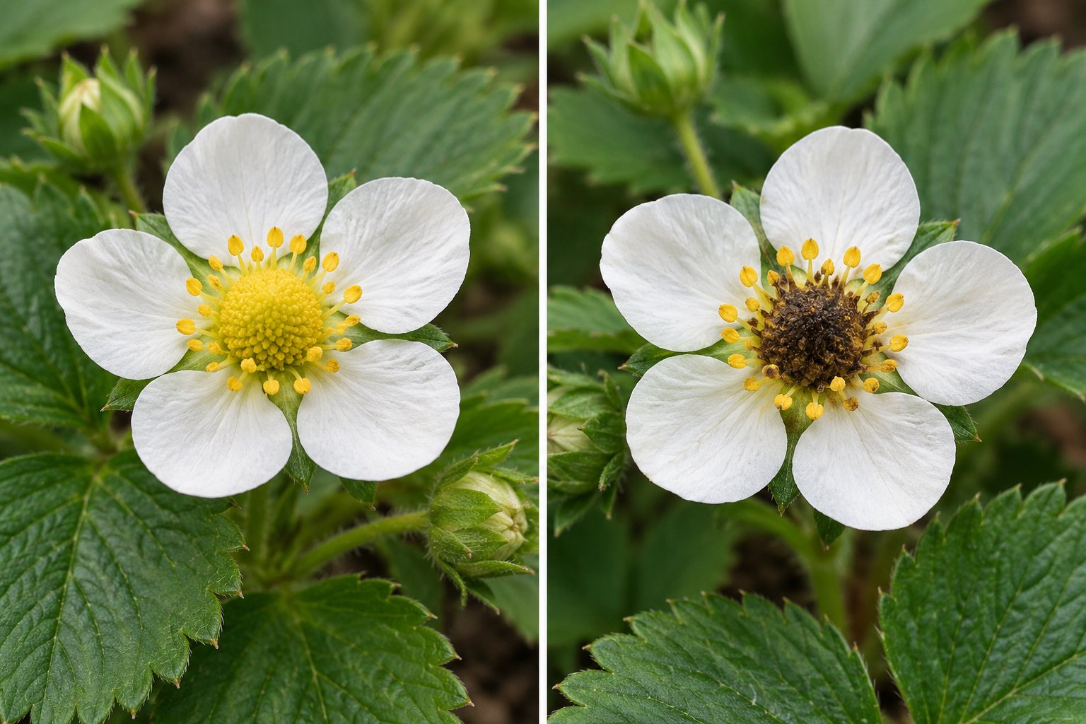 AI-generated illustration: A strawberry flower with a yellow center beside one with a dark damaged center