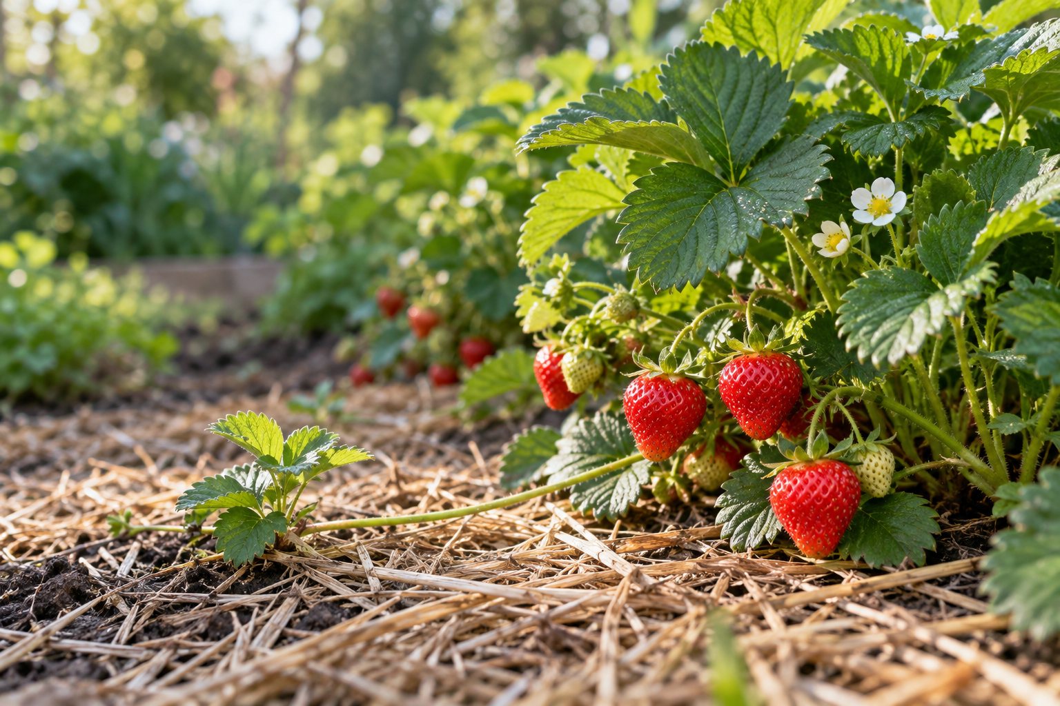 AI-generated illustration: strawberry plants with flowers, ripe berries and a runner in a garden bed