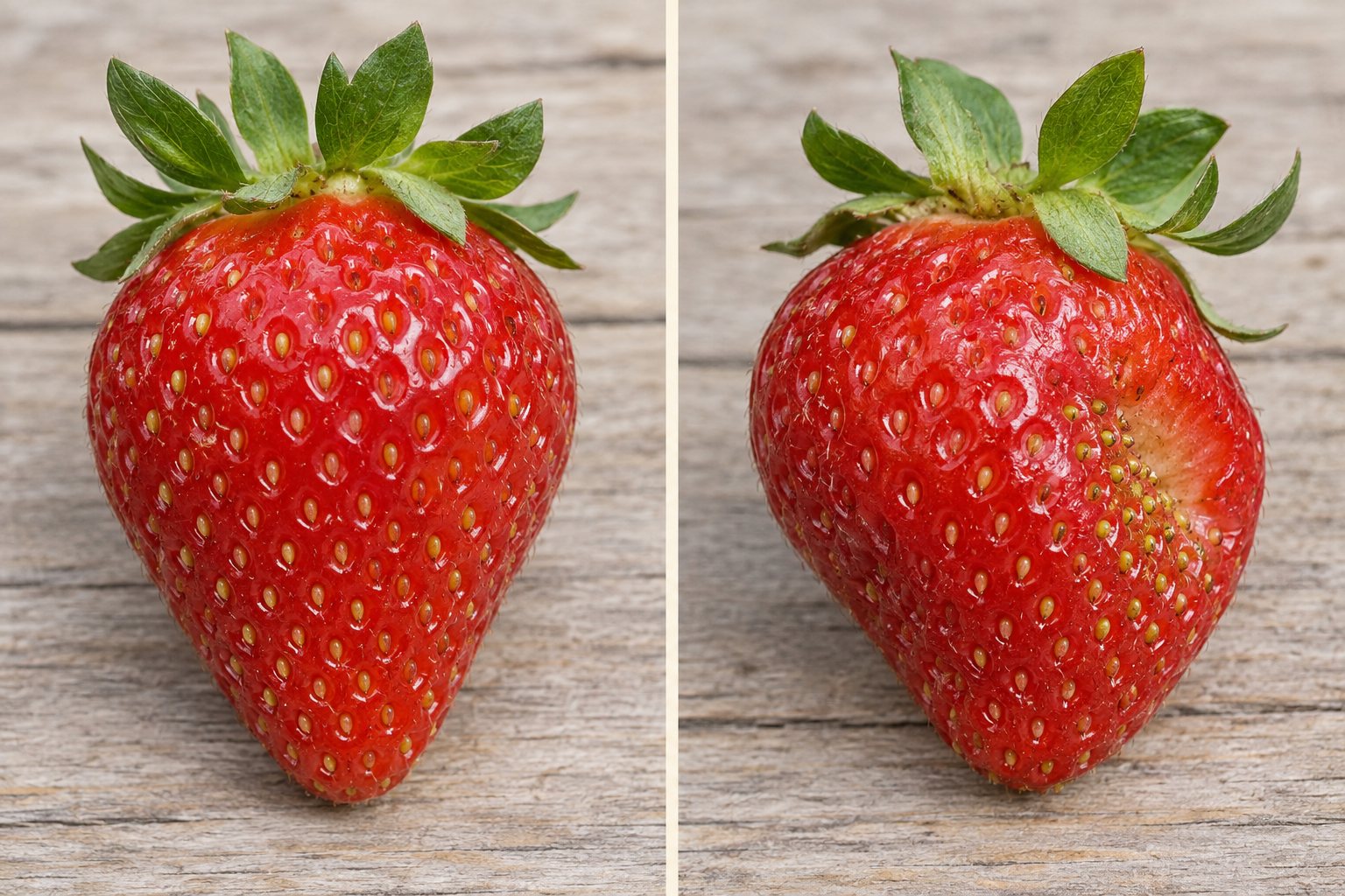 AI-generated illustration: An evenly shaped strawberry beside an uneven berry with tightly clustered achenes in a depression