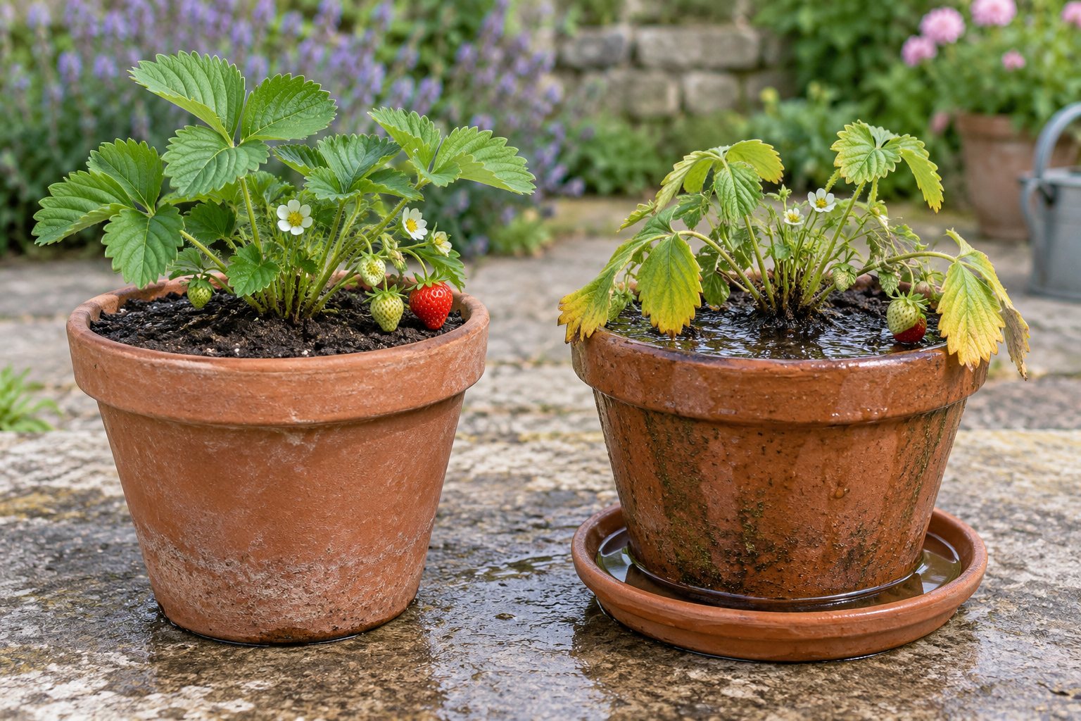AI-generated illustration: An upright strawberry in a draining pot beside a yellowing drooping plant in saturated soil and standing saucer water