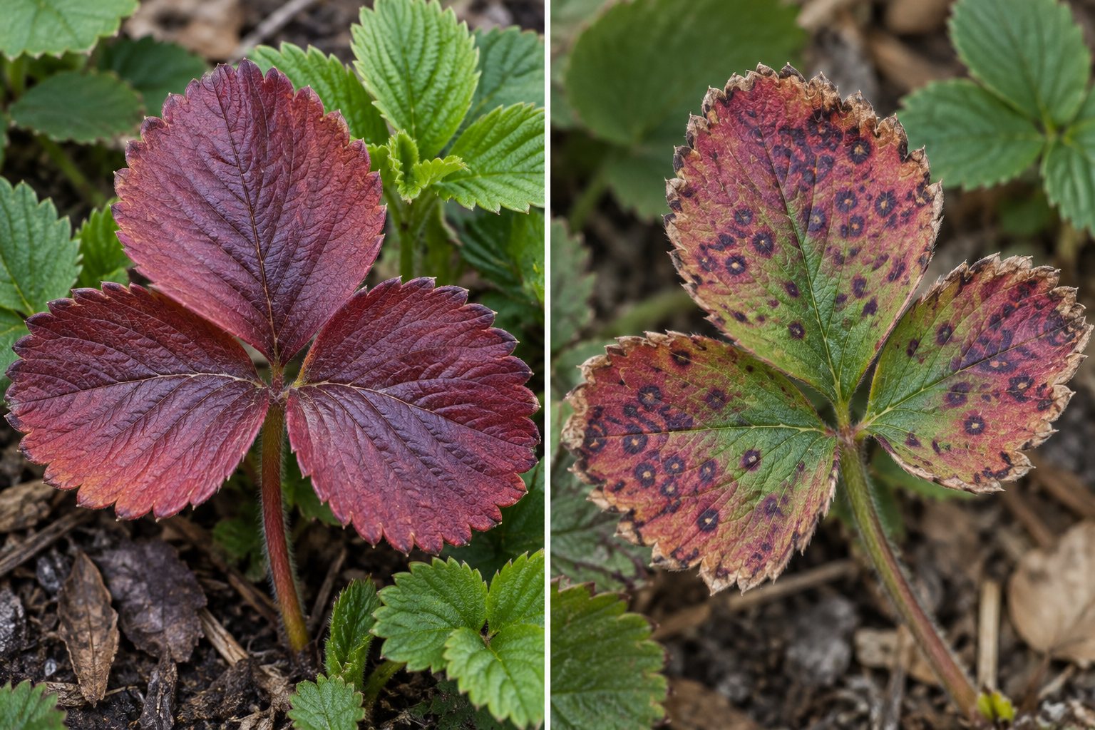 AI-generated illustration: Red strawberry foliage beside a leaf with separate dark purple spots