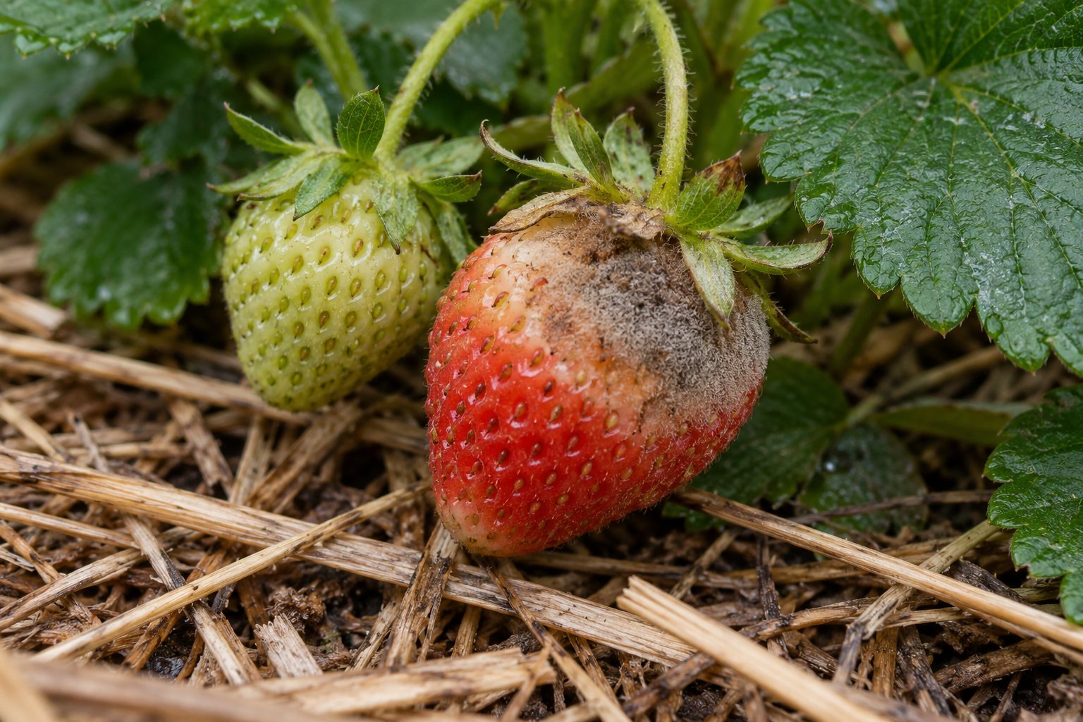 AI-generated illustration: A partly ripe strawberry with a brown patch and gray fuzzy growth