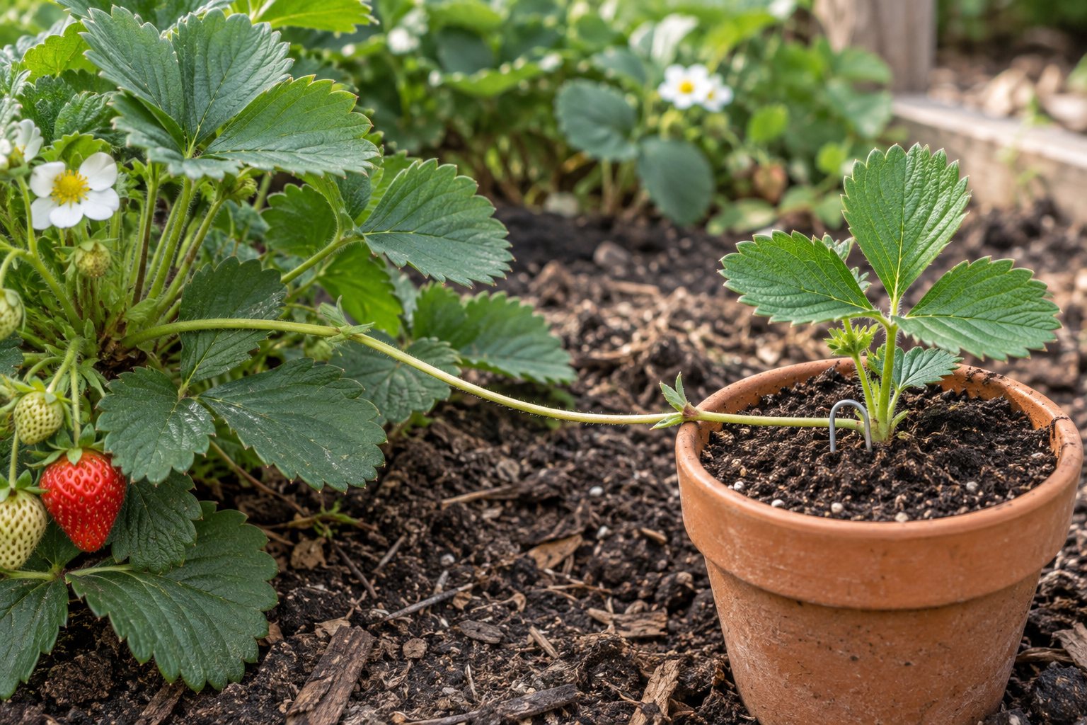 AI-generated illustration: An attached strawberry runner daughter pinned into a separate pot with its crown at the surface