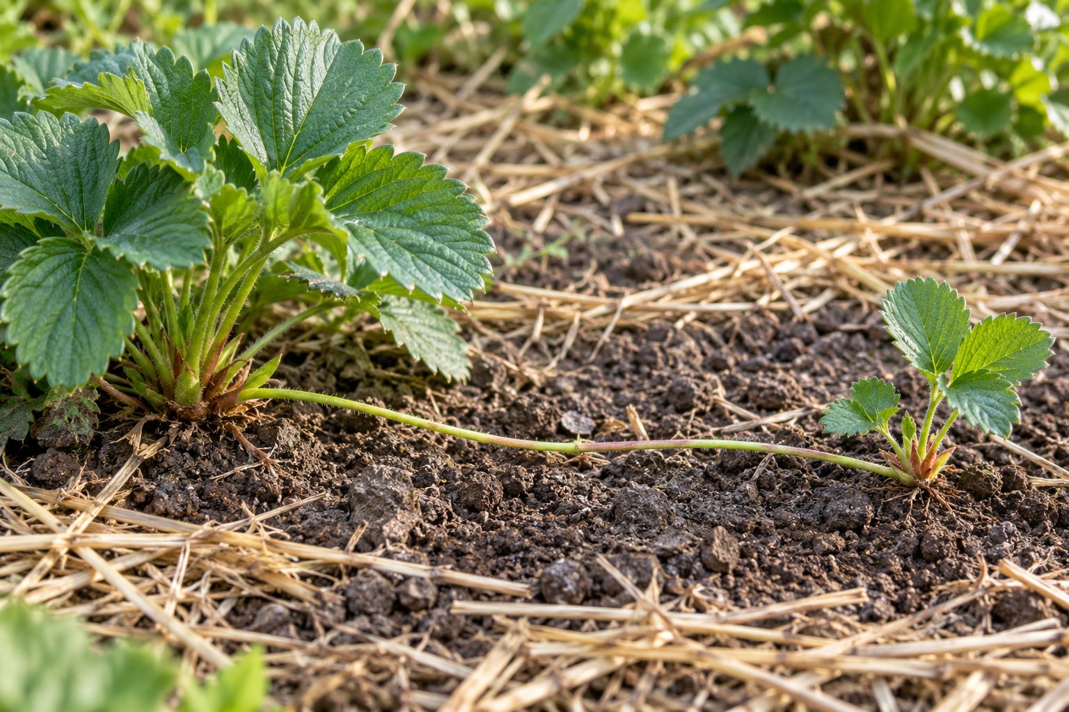 AI-generated illustration: A strawberry mother plant joined by a thin runner to a daughter plant at soil level