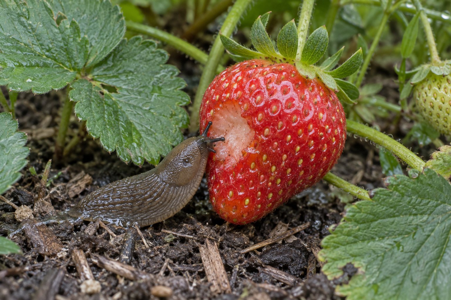 AI-generated illustration: A garden slug beside an irregular rasped cavity in a ripe strawberry