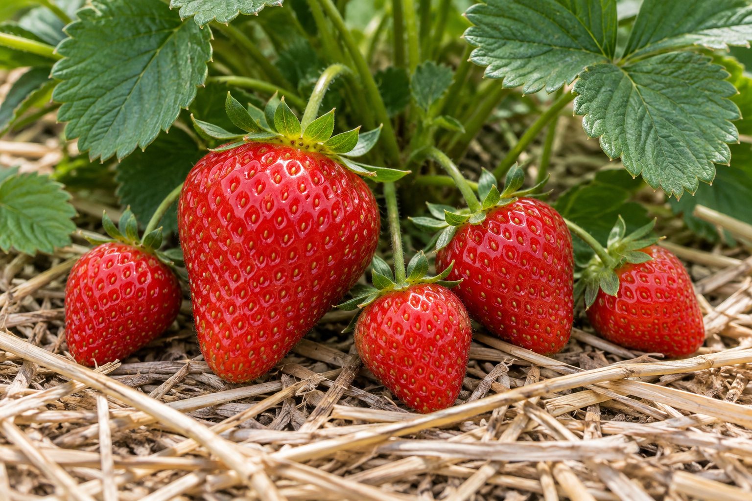 AI-generated illustration: Ripe strawberries of different sizes with intact green calyxes