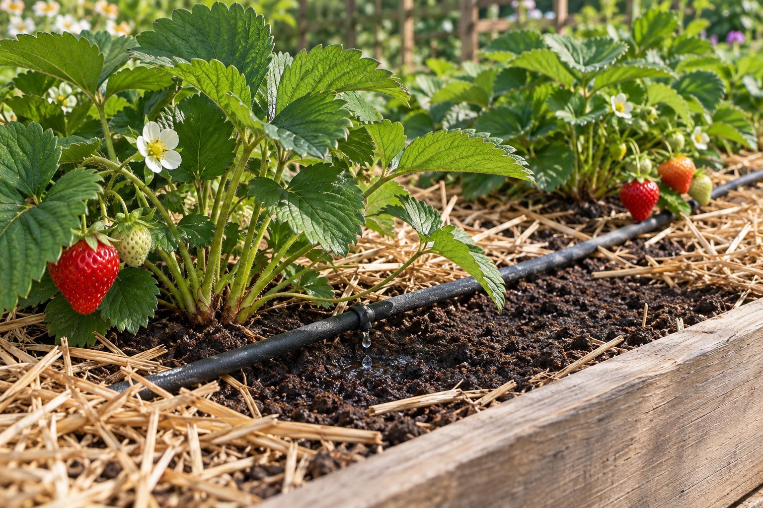 AI-generated illustration: Drip irrigation delivering water to soil beside strawberry plants with dry leaves and fruit