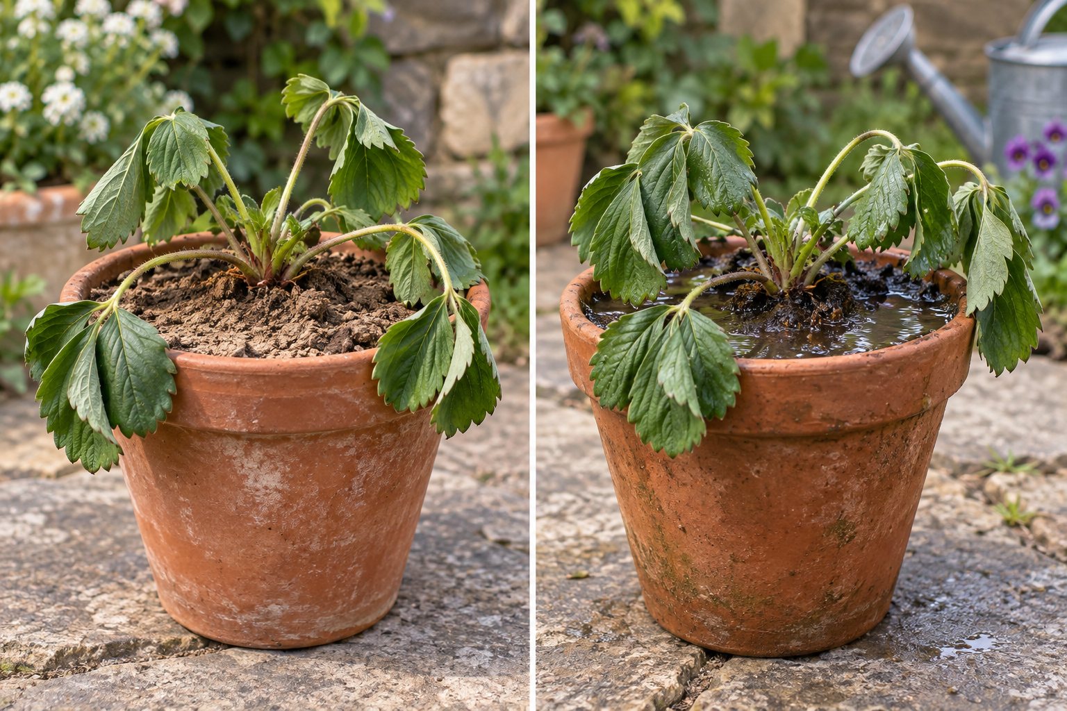 AI-generated illustration: Drooping strawberry plants in a dry pot and a pot with standing water