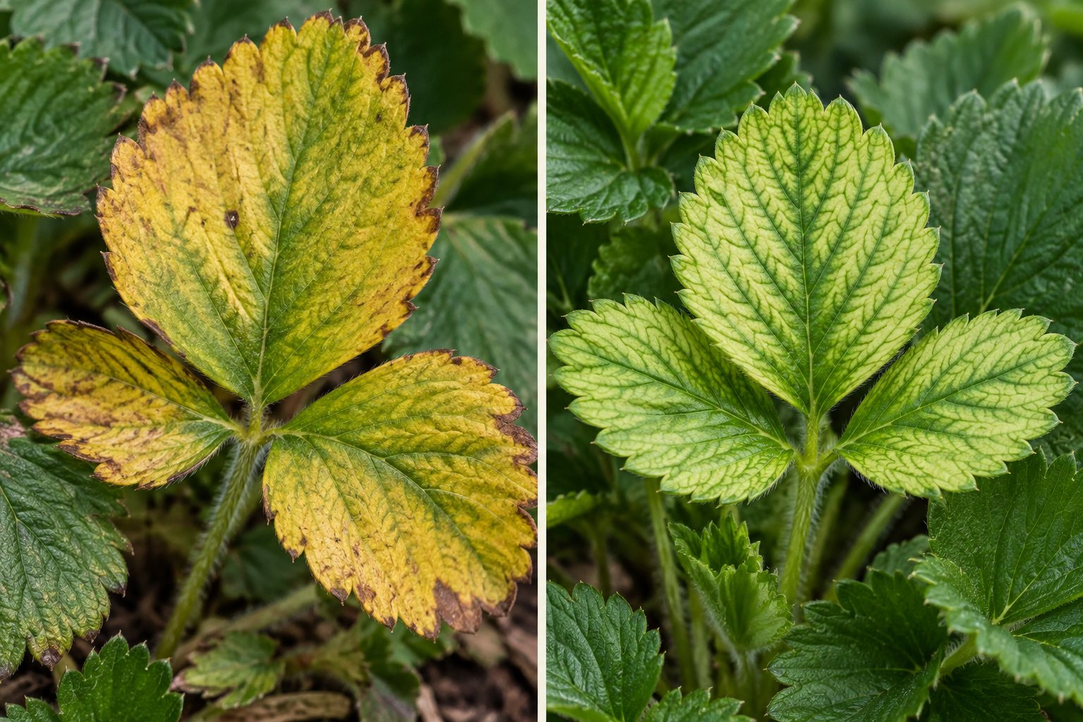 AI-generated illustration: Older yellow strawberry foliage beside a pale young leaf with greener veins