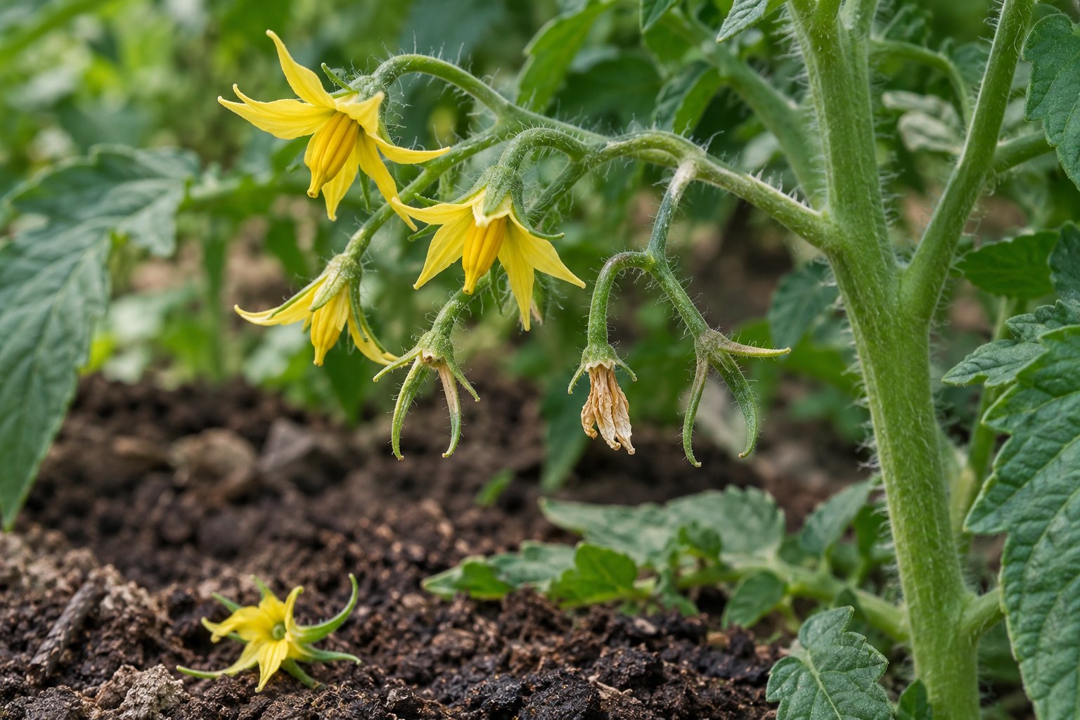 Illustration of a tomato flower truss with yellow blossoms, empty pedicels, and a spent blossom