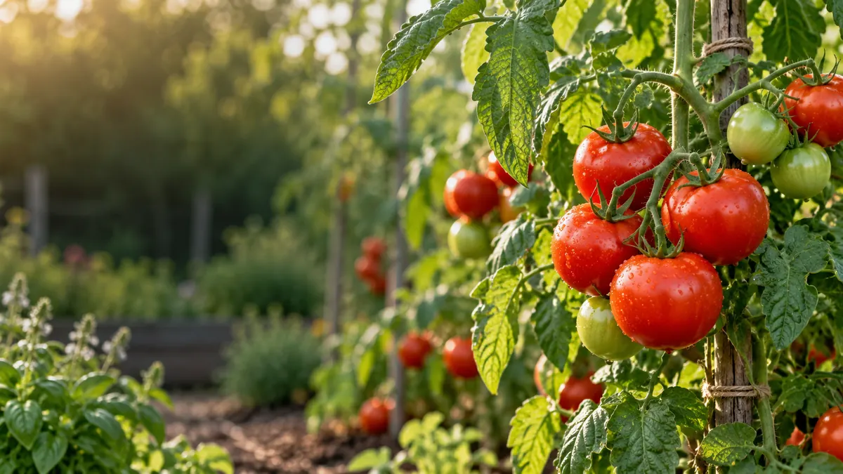 Ripe red and developing green tomatoes growing on healthy tomato plants