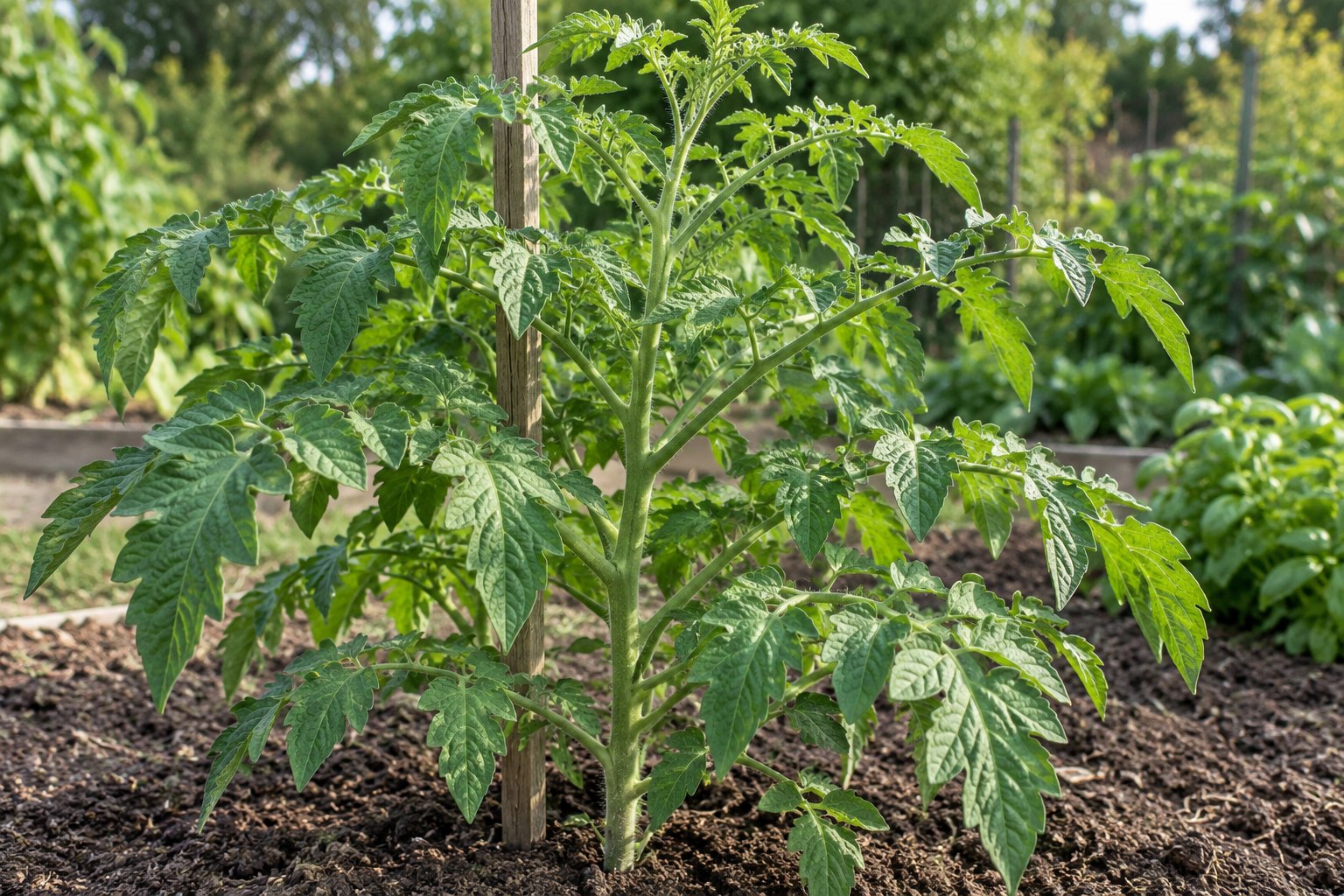 Illustration of a leafy tomato plant with vegetative branches and no visible blossoms or fruit