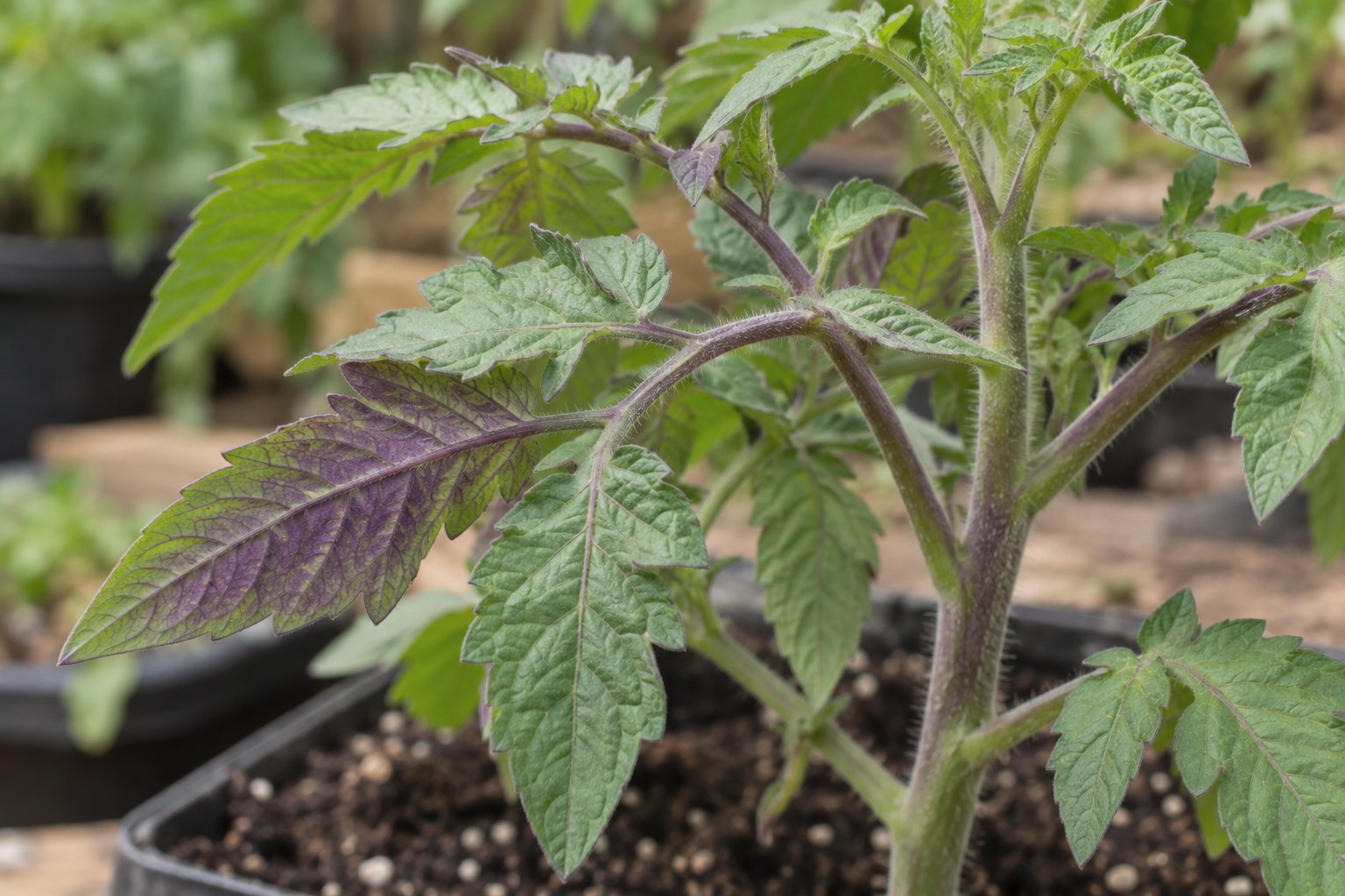 Illustration of a young tomato plant with purplish leaflet undersides and petioles