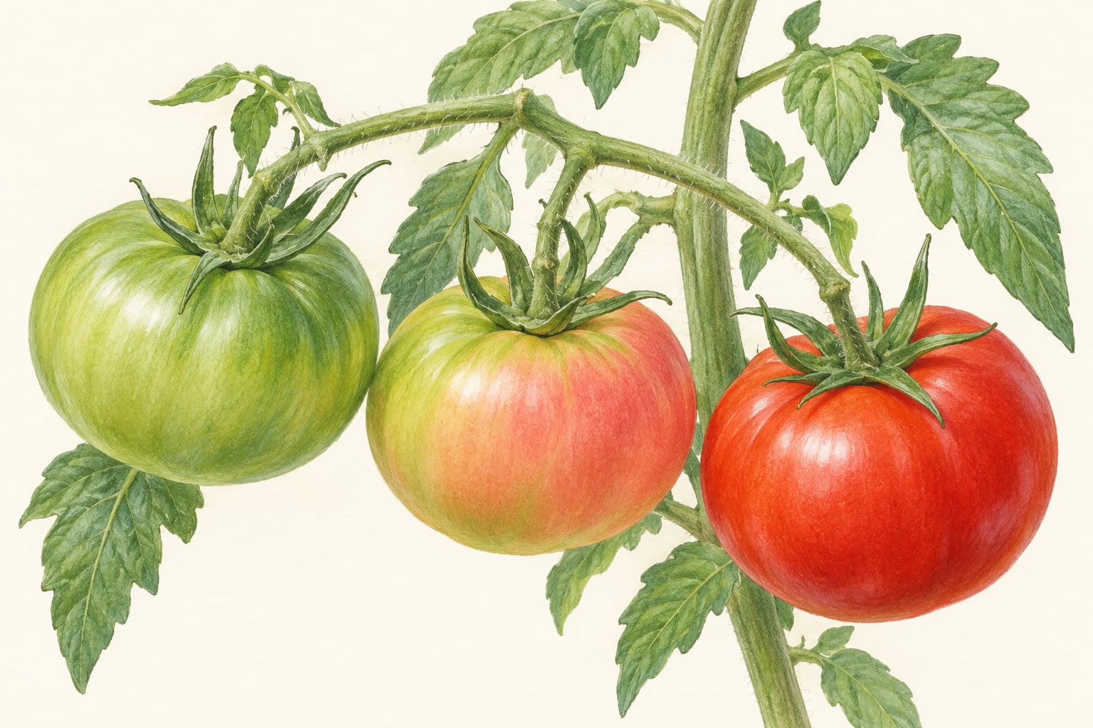 AI-generated illustration of green, turning, pink, and red tomato ripening stages used to compare maturity before evaluating flavor