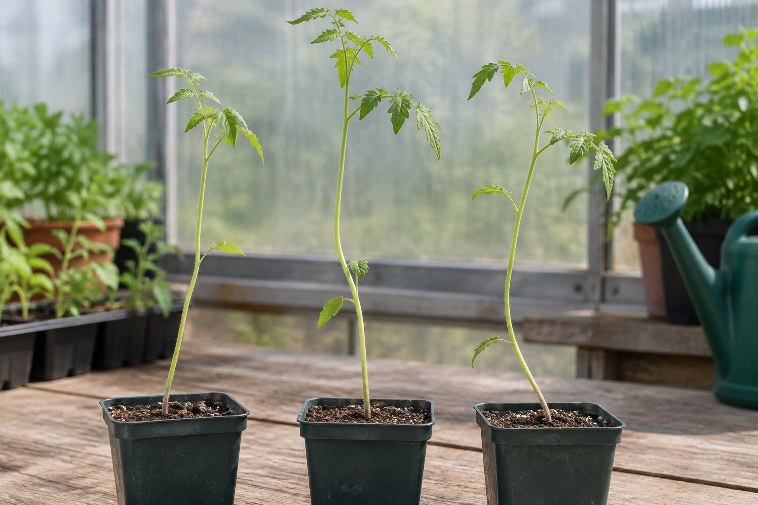Illustration of tomato seedlings with elongated slender stems and sparse small leaves