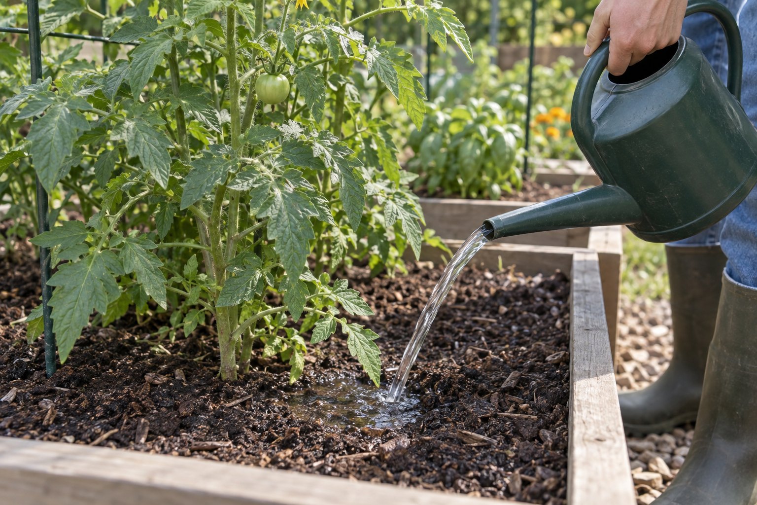 Illustration of water being applied directly to soil beside a tomato plant while its foliage remains dry