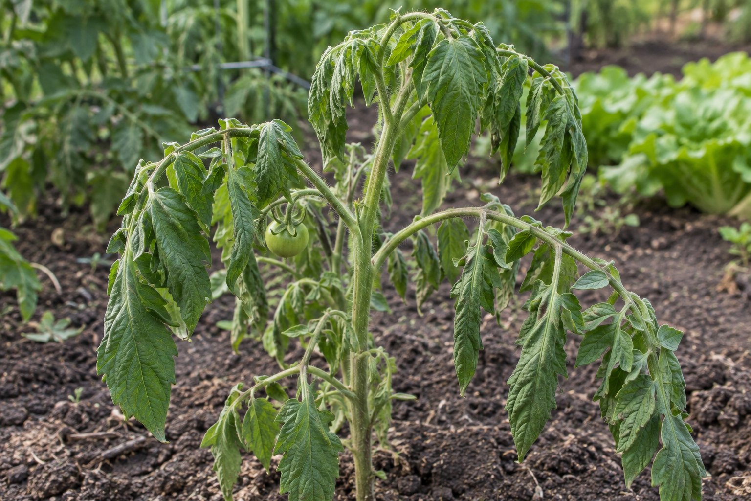 Illustration of a tomato plant with limp leaflets, drooping petioles, and a slumped growing tip