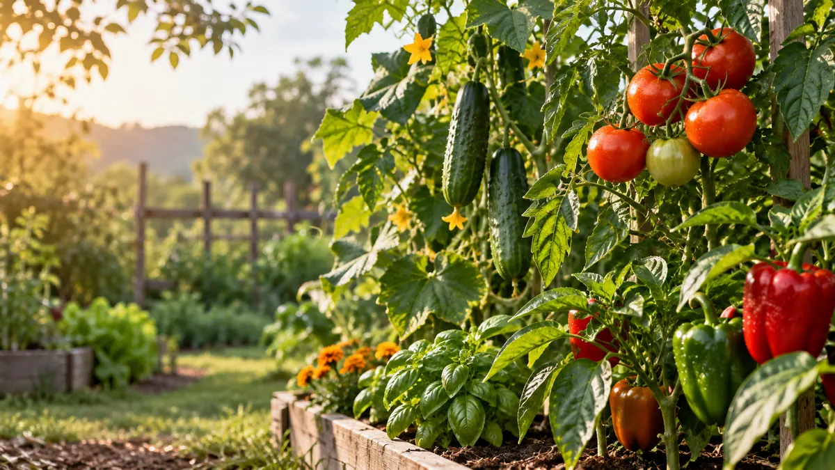 Photorealistic vegetable garden with tomatoes, cucumbers, and peppers growing in warm natural light